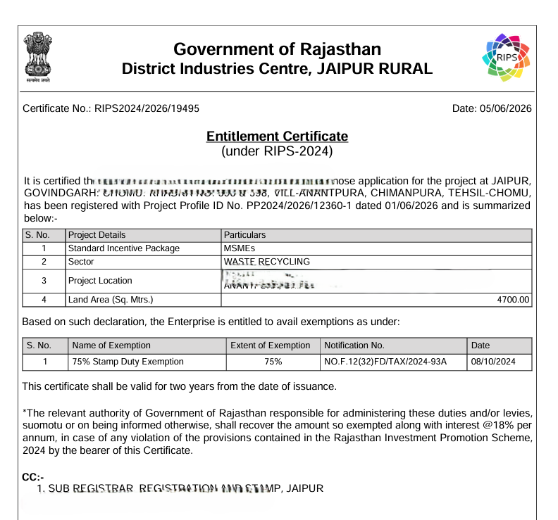 Sample stamp duty exemption certificate RIPS 2024